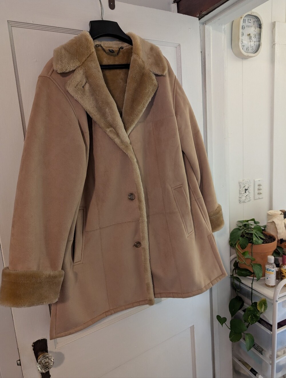 Women's Faux Suede Shearling  Coat  Warm Beige Tan XL